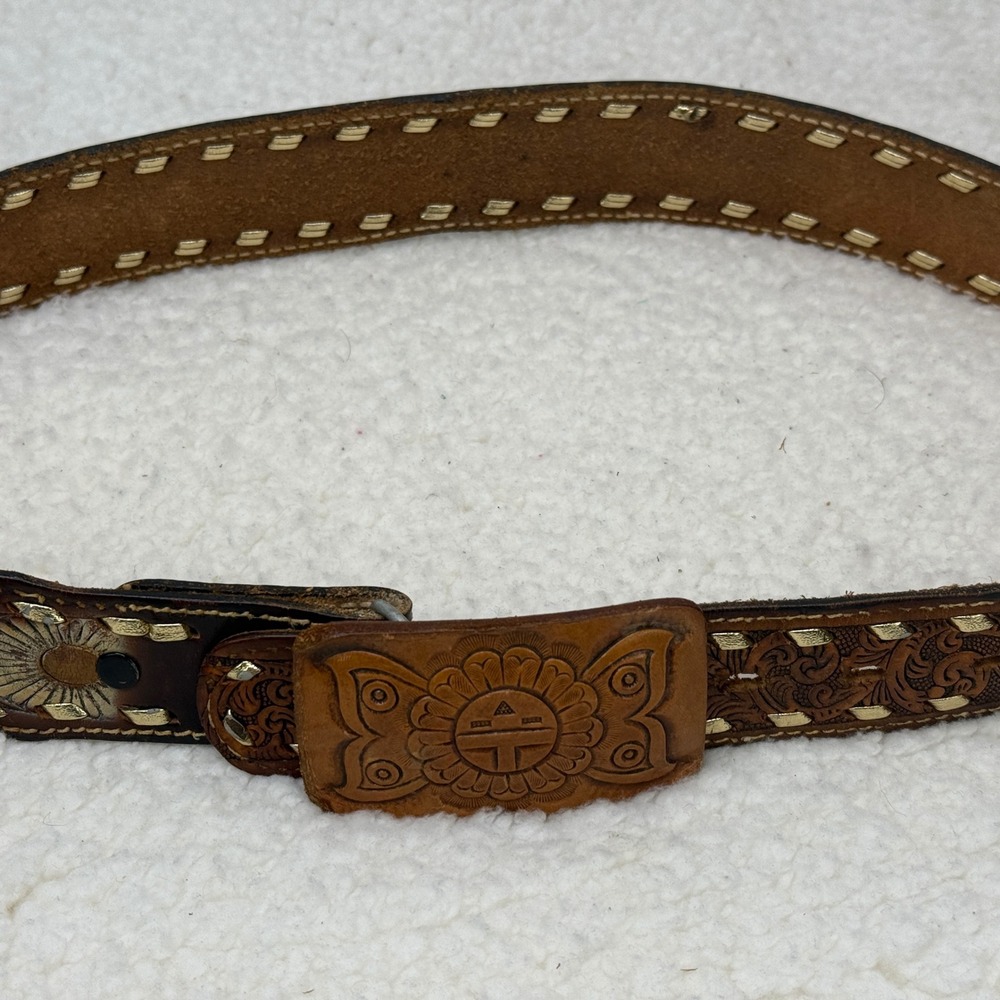 Vintage Hand Tooled Leather Belt Brown Southwestern Sunburst KING Ranch Wear M L - Picture 3 of 13